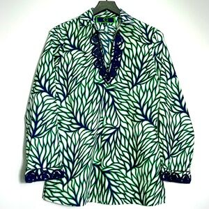 C. WONDER Womens Green Leaf Print Tunic Top Navy Blue Rope Scroll Detail Size Sm